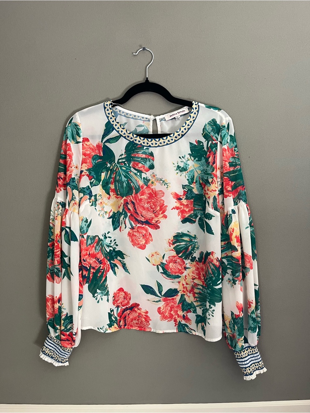 Jealous Tomato Floral Peasant Blouse - White, Coral & Green Flowy Chiffon Boho